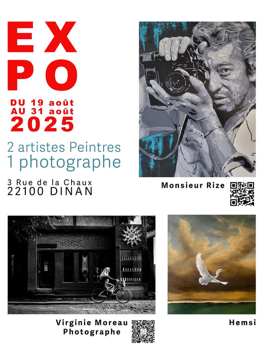 Exposition éphémère à Dinan du 19 au 31 aout 2025 ; 3 artistes, Hemsi, peintre, Virginie Moreau et Monsieur Rize, street-artiste , 3 univers différents